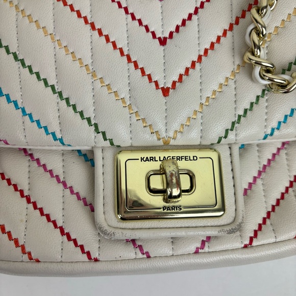 Karl Lagerfeld- Paris off-white leather bag /chain strap and mult-colored stitch - Picture 2 of 16